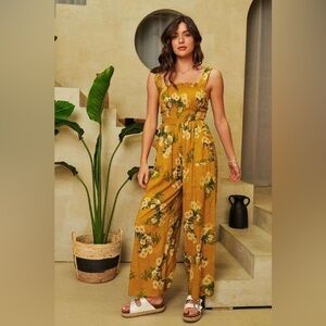 🟠 148B. Floral Smocked Bodice Jumpsuit - Mustard